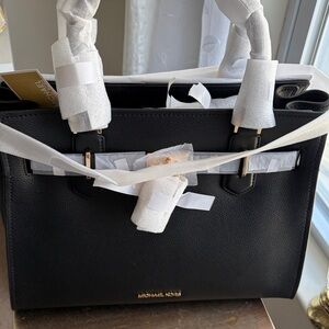 Michael Kors Black Leather Satchel with Gold-Tone Accent